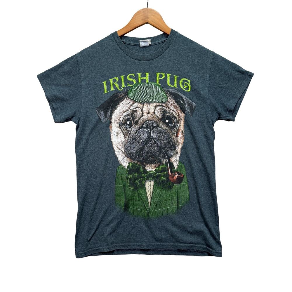 Irish Pug Men's T-Shirt St Patrick's Day Dog Graphic Funny Pipe Cap Tee Gray S